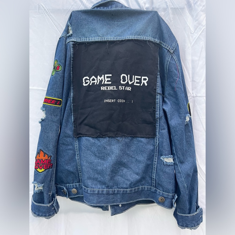 Rebel Star Game Over Denim Jacket button down patches